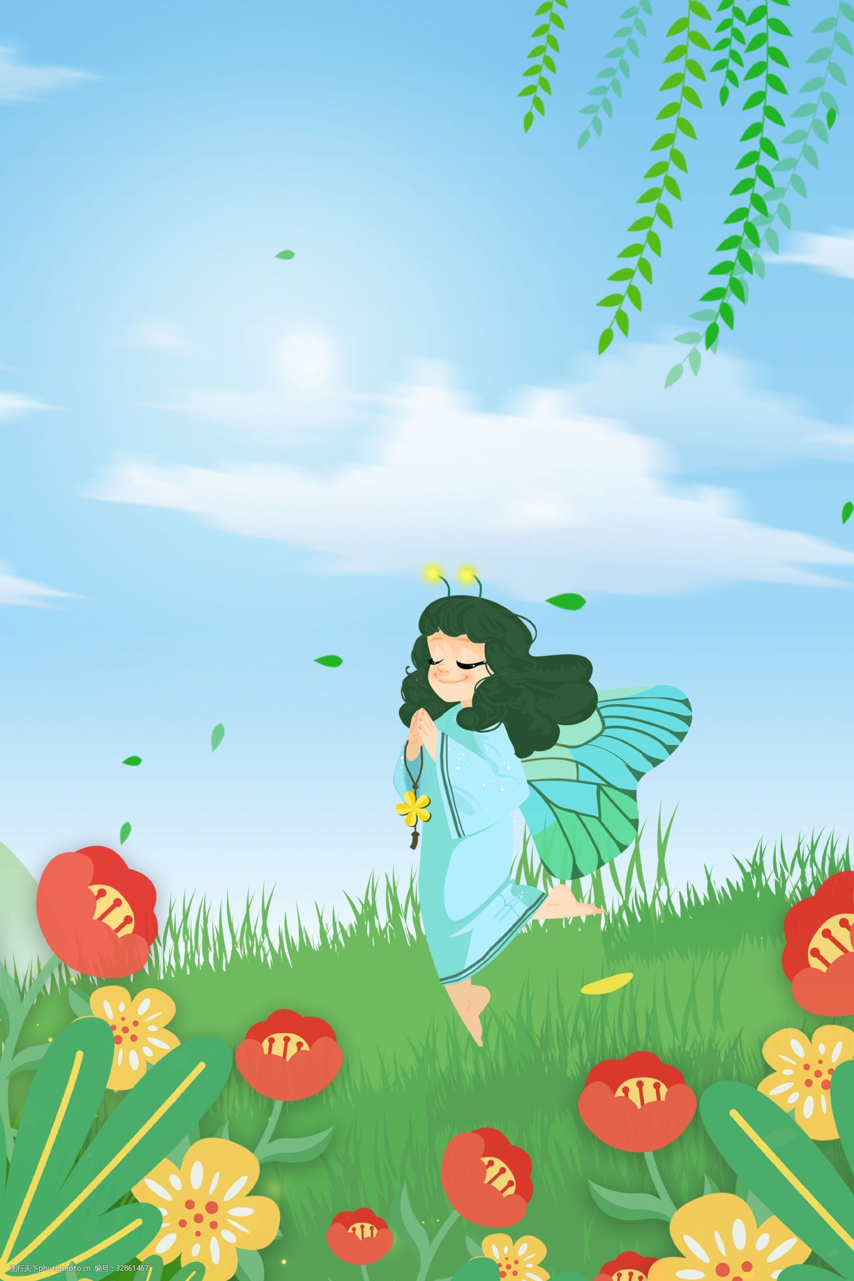 夏至背景 精灵 花朵 文艺 唯美 夏天 树叶 绿色 psd分层 广告海报