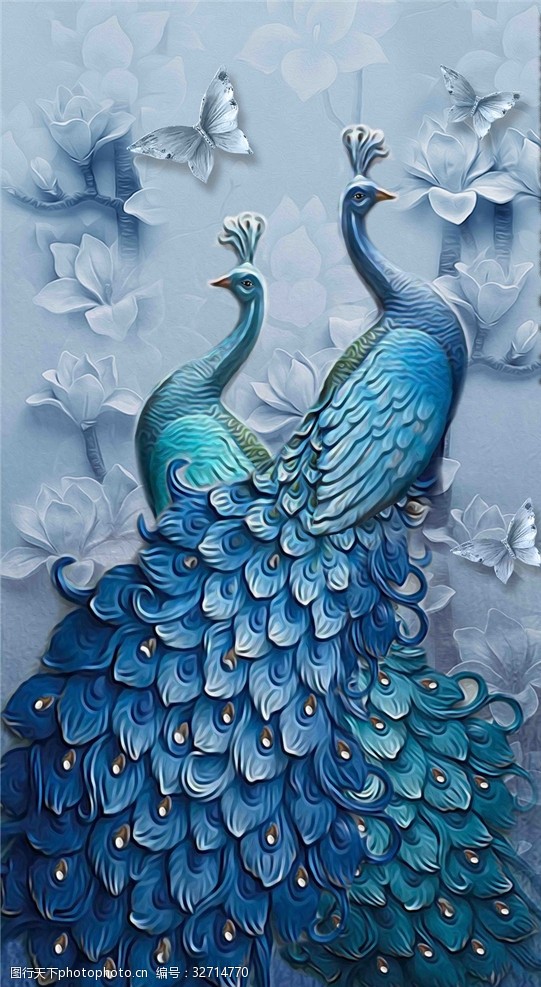 两只孔雀蓝色玄关花枝