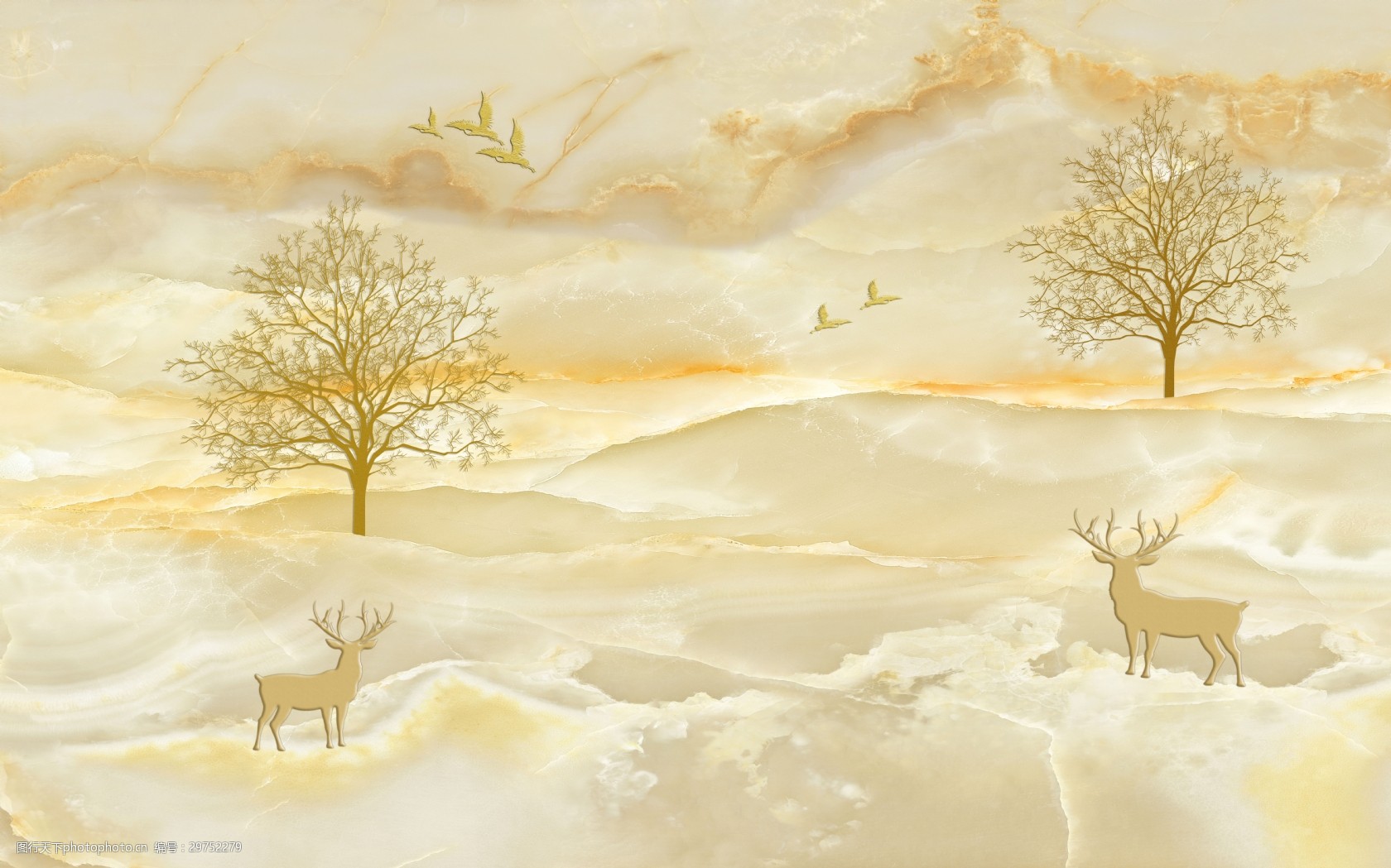 uv电视背景墙壁画简约大理石鹿树墙纸图片-图行天下图库