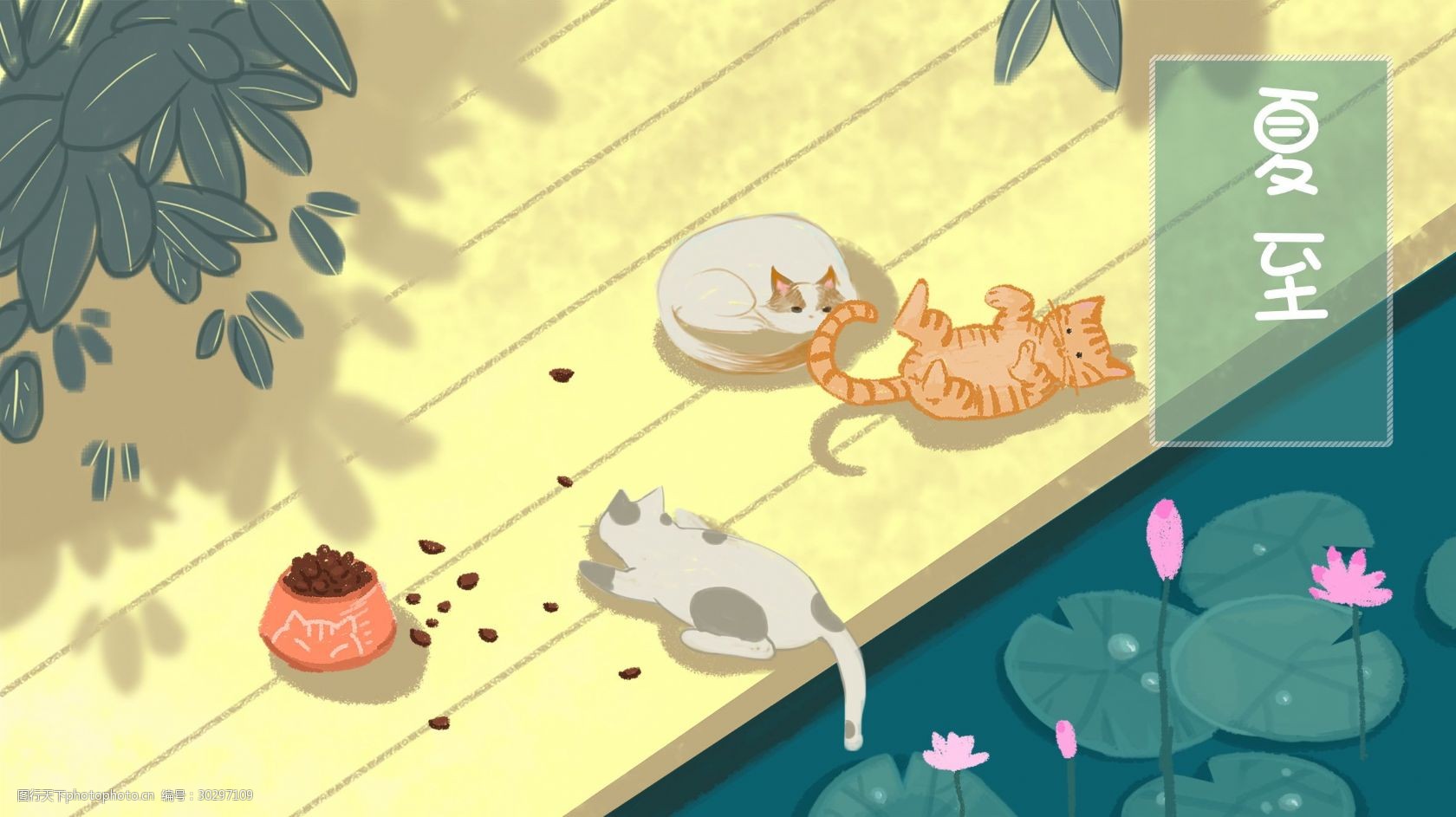 猫咪乘凉夏至节气广告背景素材