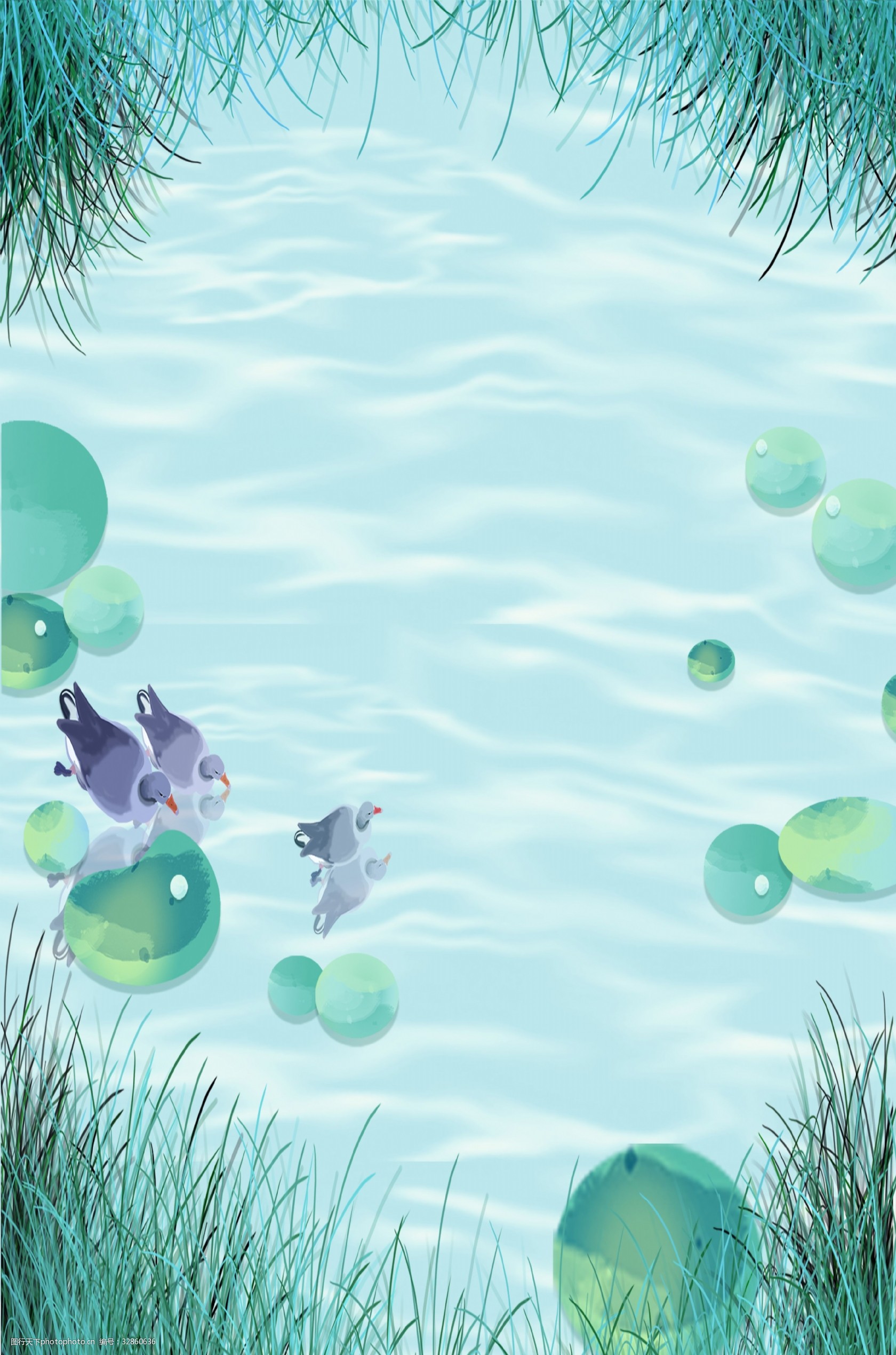 小暑清新手绘荷塘蓝色清新广告背景