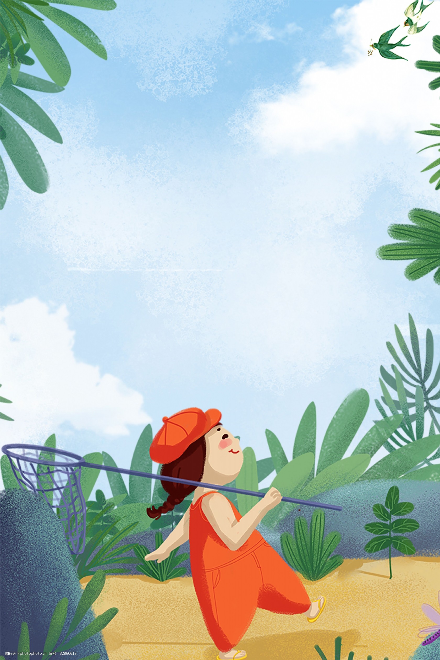 夏季手绘叶子手绘钓鱼户外广告背景