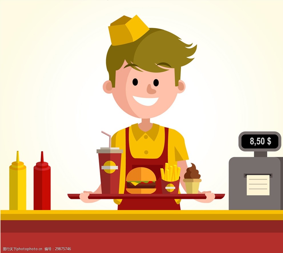 创意快餐店服务生矢量素材