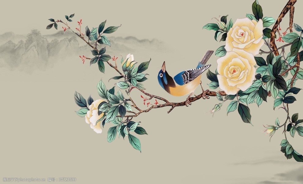 新中式手绘花鸟喜上眉梢背景墙