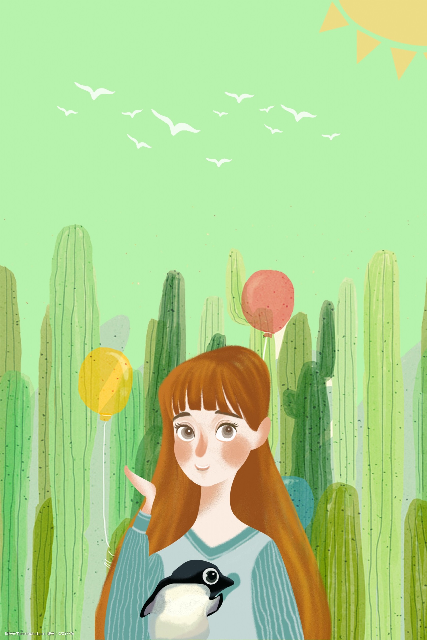 绿色 清新 卡通 手绘 插画风 简洁 清爽 女孩 促销海报 旅行海报 植物