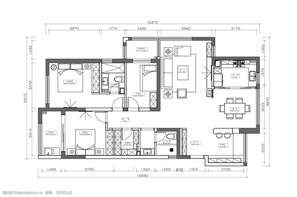 cad三室两厅户型平面布置图