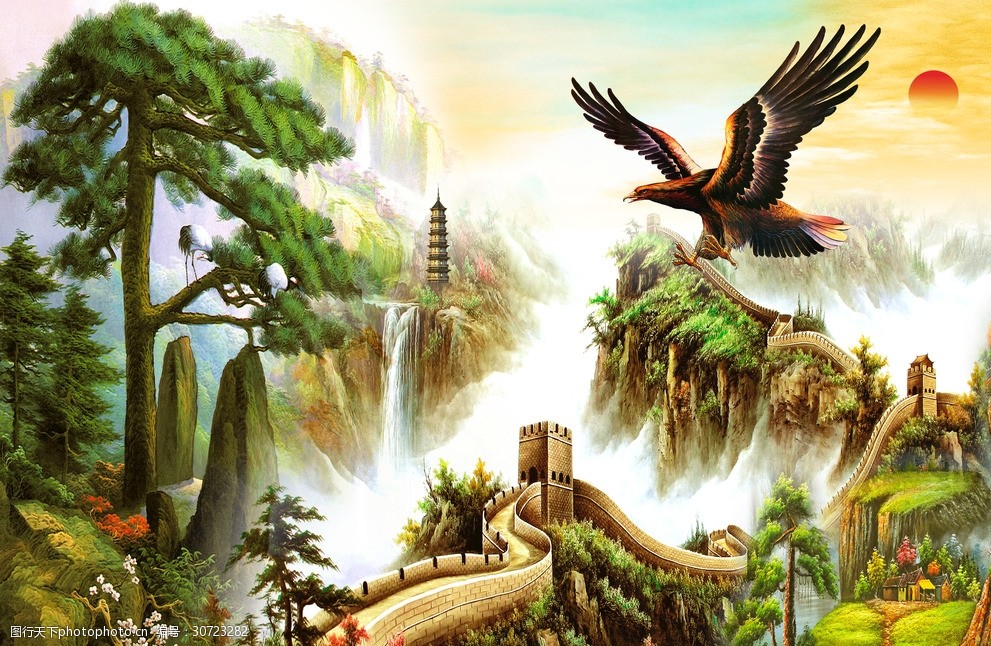 花鸟山水国画风景画背景墙装饰画