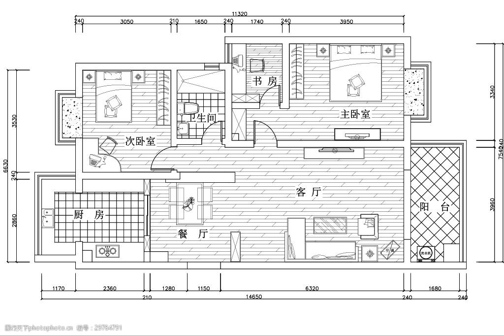 关键词:北欧风两室一厅平面图施工图 室内设计 家装 平面图