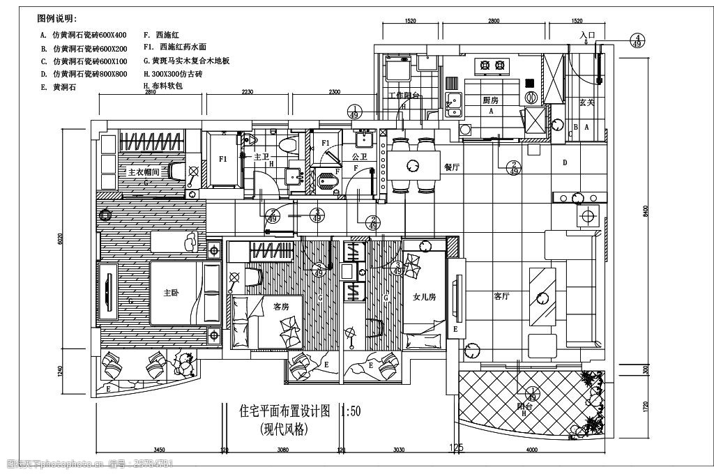 关键词:北欧风家装三室一厅平面图施工图 室内设计 家装 平面图