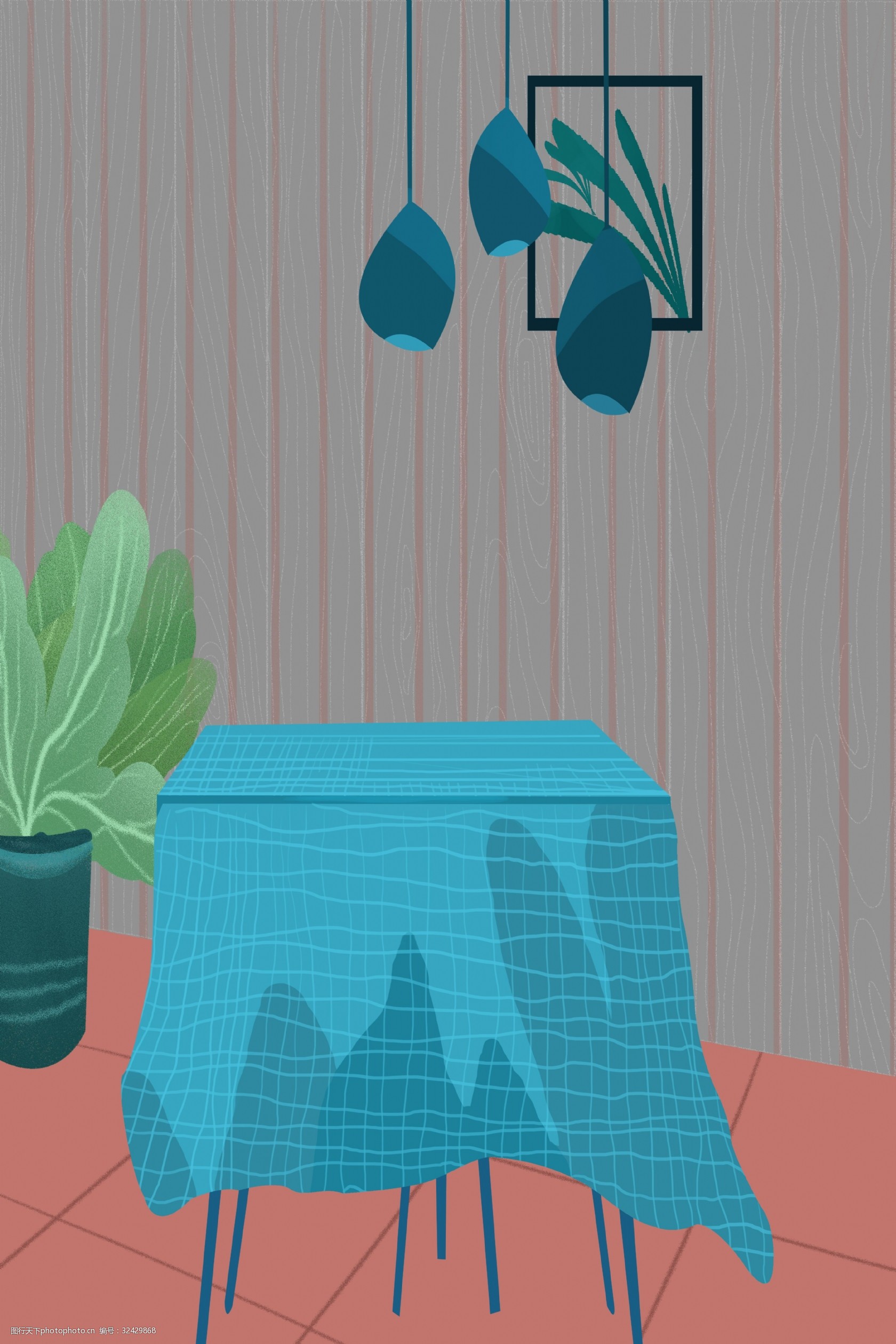 手绘卡通家居场景 手绘 卡通 家居 桌子 电灯 吊灯 盆栽 场景 海报