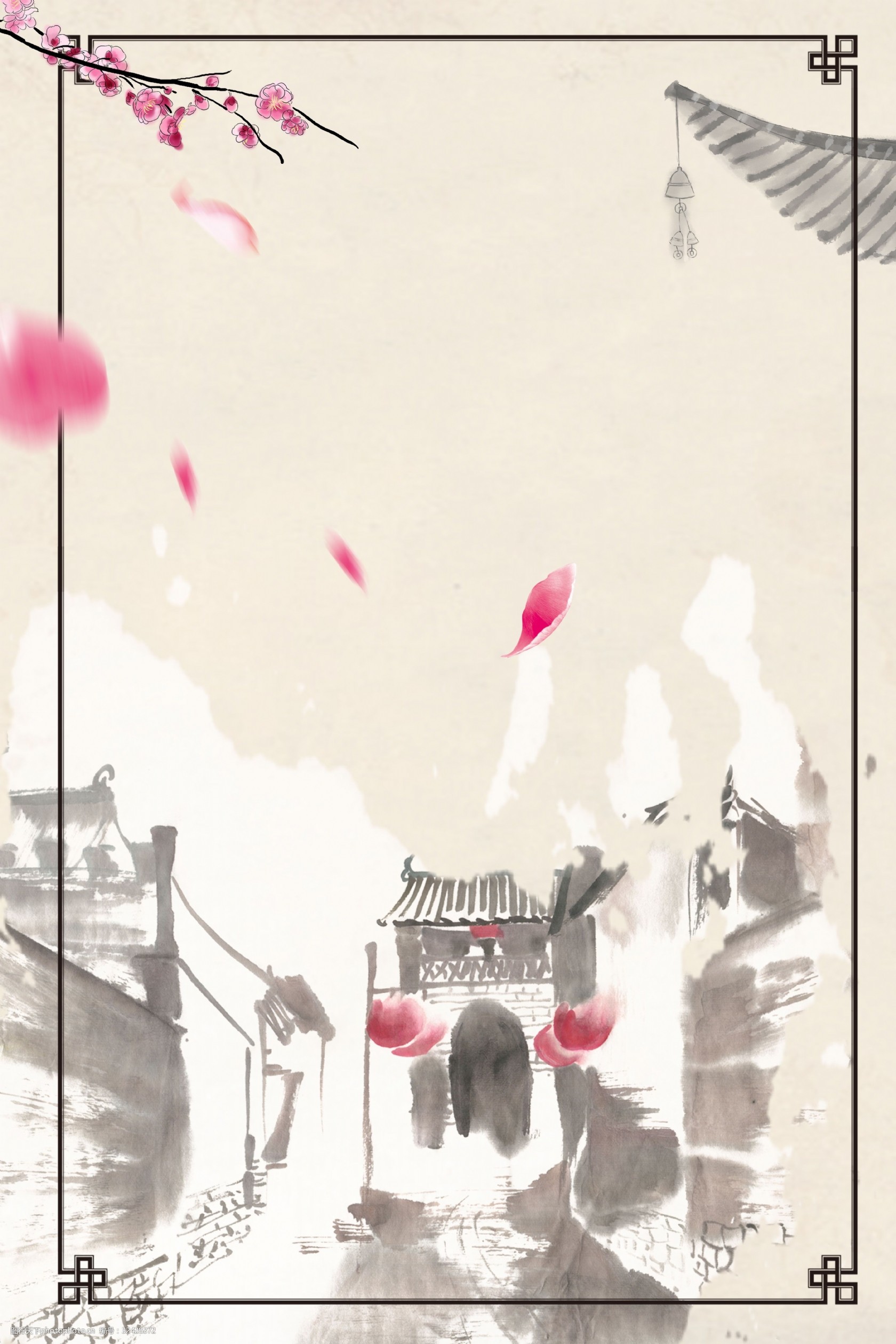 水墨中国风古镇旅游场景广告海报背景
