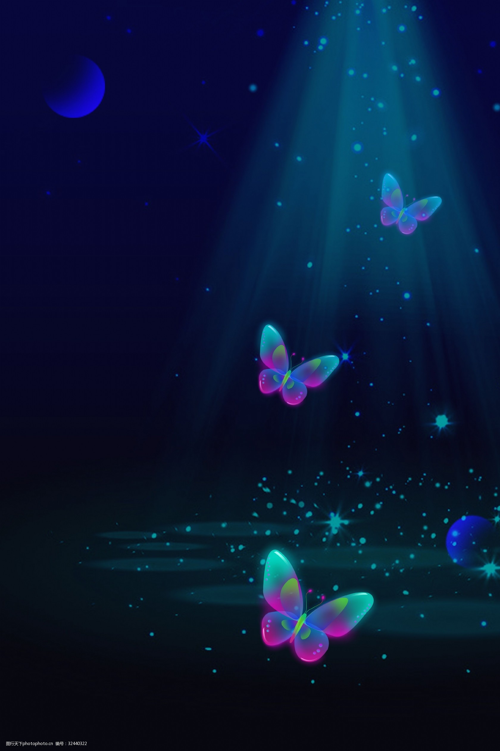 蓝色蝴蝶背景海报 光感透气 蓝色渐变 梦幻 花卉 蝴蝶 闪烁 唯美 大气