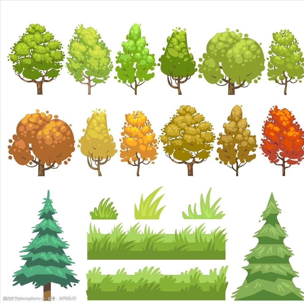 矢量彩色树木草丛