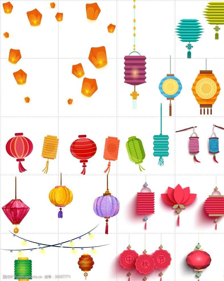 矢量彩色手绘卡通中秋节灯笼